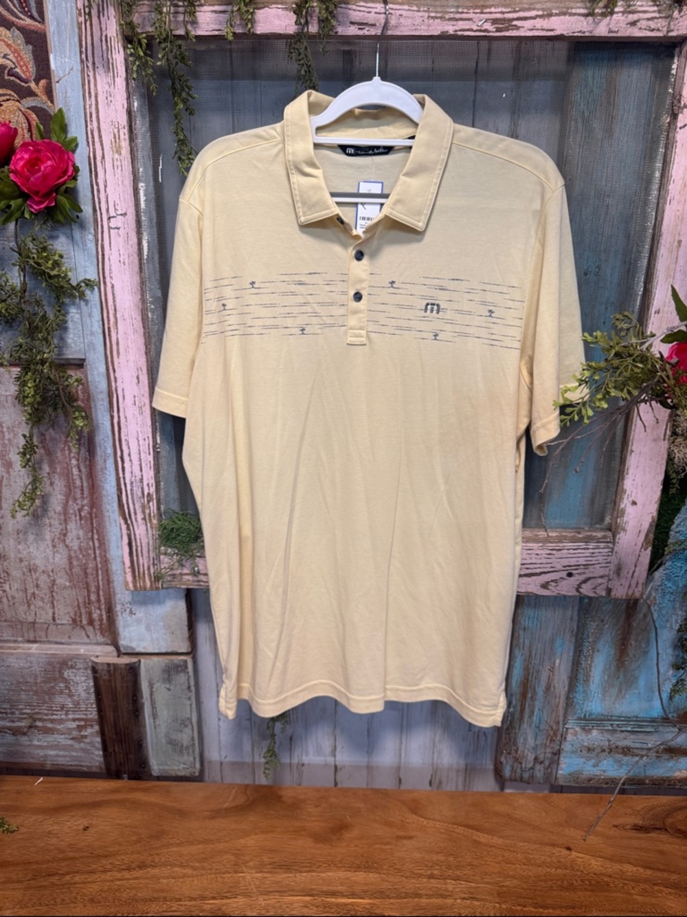 TravisMathew yellow Polo Shirt XL Golf Casual Palm Print Lightweight